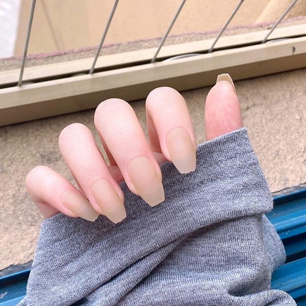 

false nails fake long flat-head frosted skin color wear nail stickers finished 24 with glue fa, Red;gold
