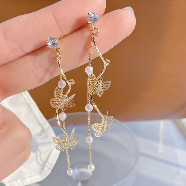 

dangle & chandelier 14k gold geometric hollow butterfly zircon earrings for women french style handmade korean fashion jewelry, Silver