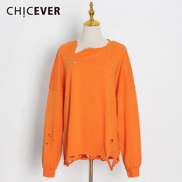 

women's hoodies & sweatshirts chicever solid hollow hole sweatershirt for women round neck long sleeve loose sweatershirts female 2021, Black