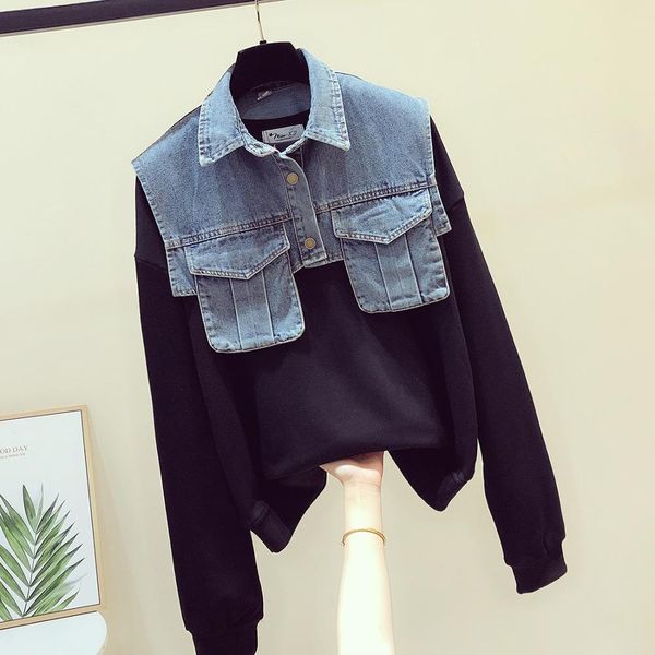 

autumn fashion women's turn down collar denim patchwork long sleeves t-shirt tee female pullover casual tees a3969 210428, White