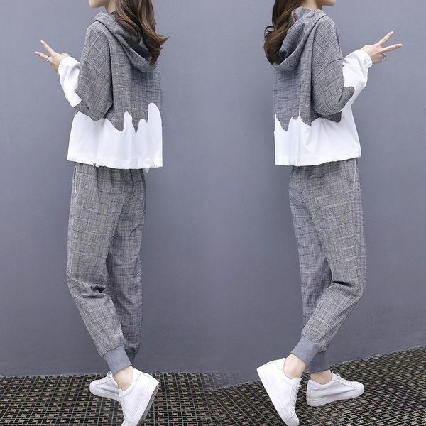 

spring autumn women fashion color matching sports suit long sleeve hooded + high waisted pants two-piece set women's two piece, White