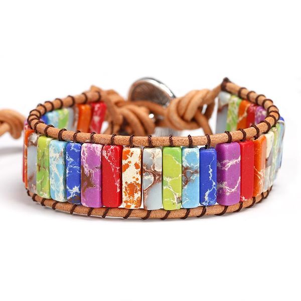 

tennis multi color sea sediment chakra bracelet jewelry handmade natural stone tube beads leather wrap women men gifts, Golden;silver