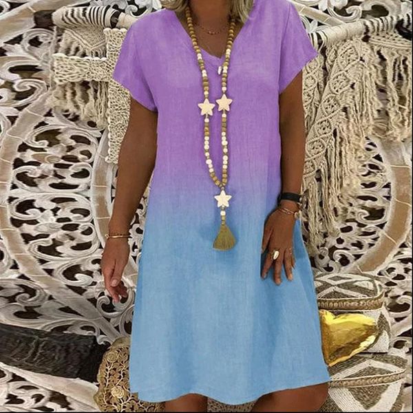 

s 5xl women dress plus size summer vintage gradient short sleeve midi retro printed loose beach casual dresses vestidos, Black;gray