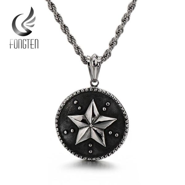 

pendant necklaces fongten round star viking necklace men hip hop black stainless steel dainty vintage jewelry, Silver
