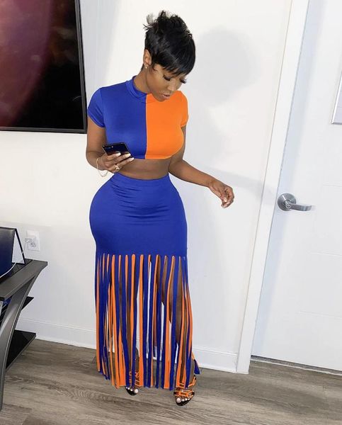 

two piece dress 2021 summer women's 2 maxi t-shirts tassel patchwork skirts body-con party club and outfits, White