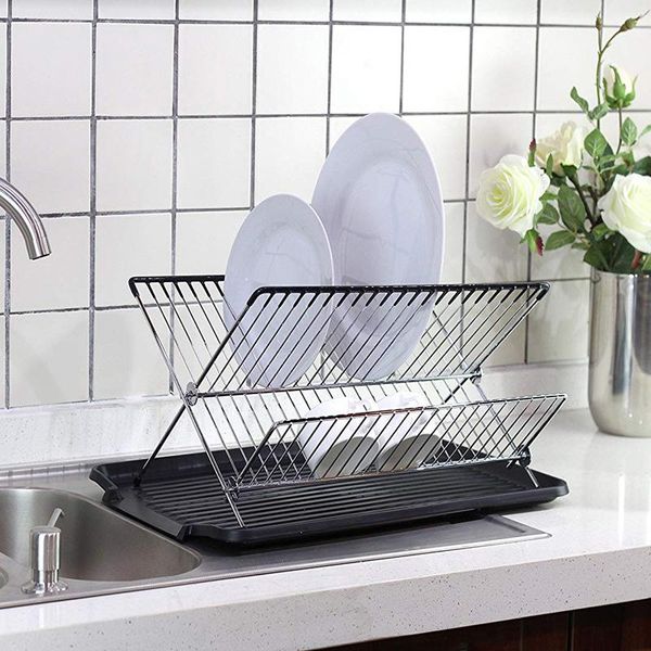 

kitchen storage & organization double-layer foldaway dish iron cutlery drain rack utensil organizer rustproof dishes plates shelf