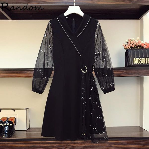 

casual dresses women large plus size black mesh sequin patchwork shirt dress smart elegant fashion fall clothes big office, Black;gray