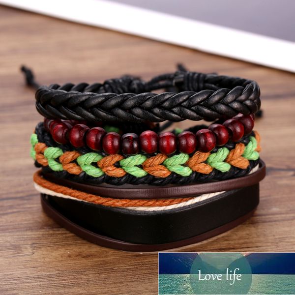 

european and american fashion leather bracelet creative retro men's wooden beads woven leather bracelet four-piece set bracelet, Golden;silver