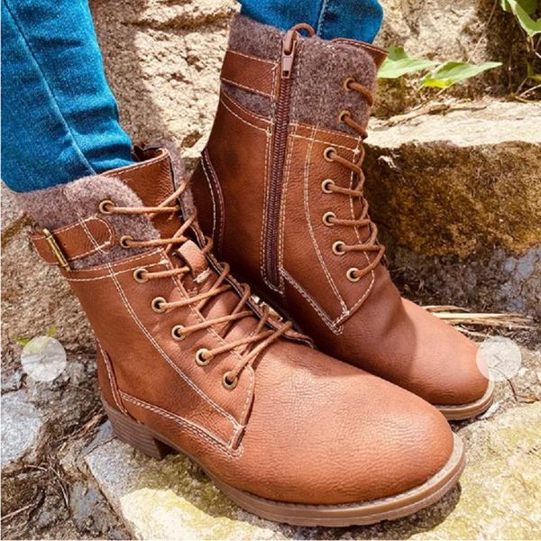 

boots women motorcycle pu leather ankle autumn winter lace up low heels platform punk ladies shoes botas mujer, Black