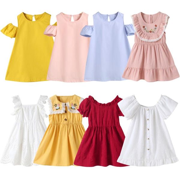 

girl's dresses 2021 yellow solid for kids cotton girls summer off-shoulder children short sleeve dress, Red;yellow