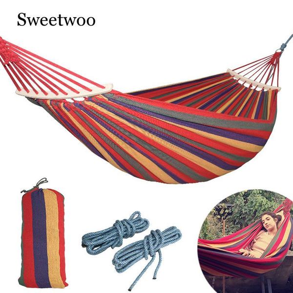 

250*150cm 2 people outdoor canvas camping hammock bend wood stick steady hamak garden swing hanging chair hangmat blue red tents and shelter