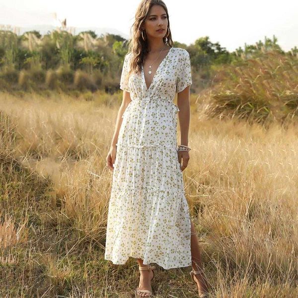 Vestido de verão sexy v-pescoço de manga curta lace up cintura alta plissagem floral impressão split longo senhoras moda boho praia es 210526