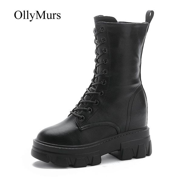 

boots 2021 real leather shoes women fashion brand platform lady ankle footware increased female botas mujer, Black
