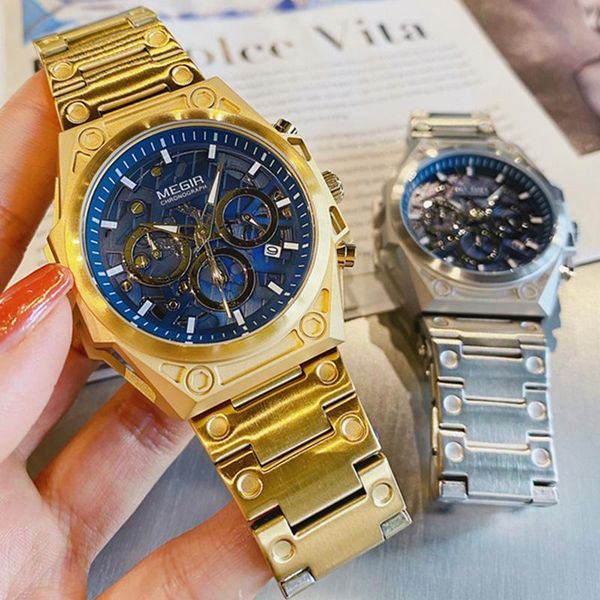 

wristwatches megir 2021 gold blue stainless steel mens watches waterproof quartz sports wrist watch man clock, Slivery;brown
