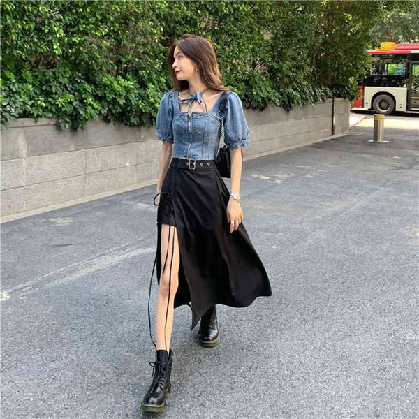 

women's skirts side split tassels summer high waist elastic a-line design students woman bandage skirt midi faldas black pl151 210506