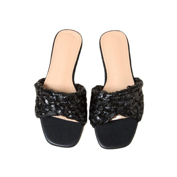 

slippers 2021 spring brand lafite grass woven pink braid fold flat mules shoes flip flops party sandals for women wedding, Black