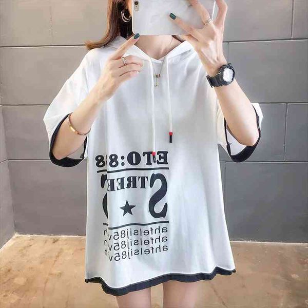 

oversized hoodies women casual color insertion letter printing cotton sweatshirts women hooded half sleeve for students, Black