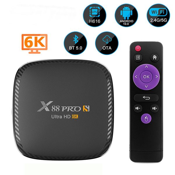 

x88 pro s android 10.0 smart tv box 4g 32g allwinner h616 bt 5.0 2.4g 5g dual wifi 6k media player set ox