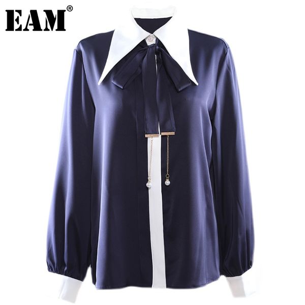 

[eam] women gray print satin bow big size blouse lapel long sleeve loose fit shirt fashion spring autumn 1dd6423 21512, White