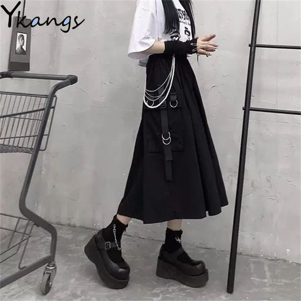 

high waist loose a-line cargo skiets chain side ring pocket midi long black skirt korean hip hop streetwear harajuku oversize 210401