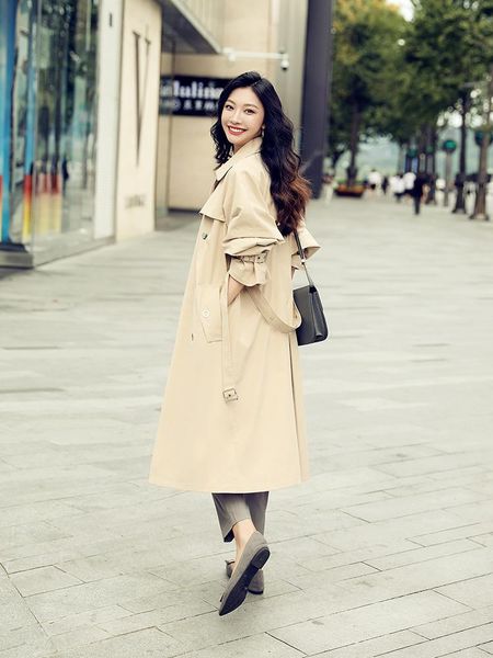 

women's trench coats windbreaker 2021 mid long small autumn korean british style goddess model gentle coat, Tan;black