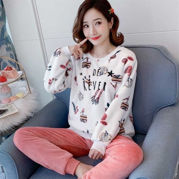 

winter flannel warm pajamas 2pcs home suit kawaii pajama set fashion female pijama mujer clothes pyjama women sleepwear 211106, Black;red