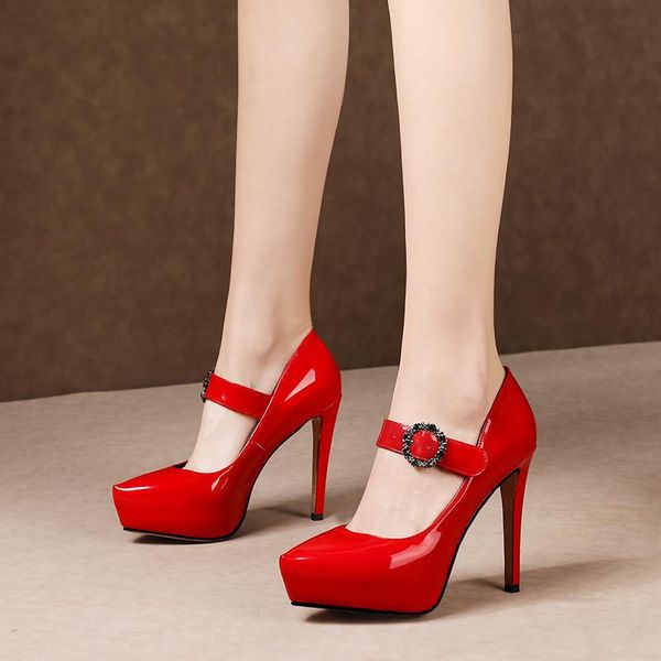 

dress shoes ymechic fashion night club party mary jane super high heel pu patent leather stiletto platform ladies wedding, Black