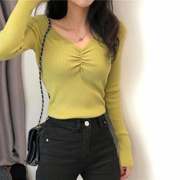 

2021 autumn winter pleated v-neck pullover knitted women long sleeve slim elasticity jumper ladies solid color sweater, White;black