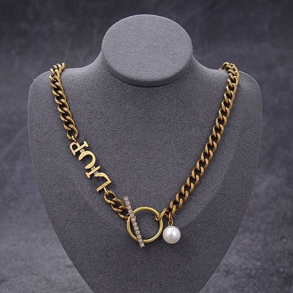 

luxury designer jewelry women necklaces gold necklace with pearl letter stamps brass material hip hop fashion jewelry, Silver