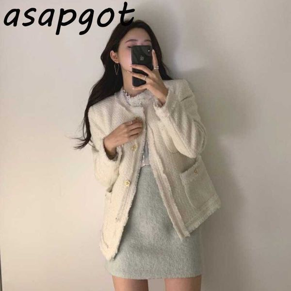 

autumn winter korean style tweed round neck long sleeve coat slim high waist bag hip pleated skirt fashion sets chic 210610, White