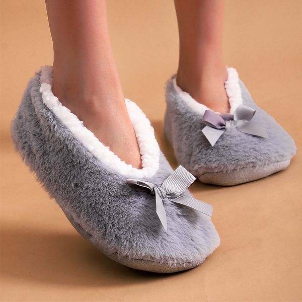 

women slippers for home lovely bow-knot socks slippers grils soft warm plush slippers winter comfy floor fur indoor shoes, Black