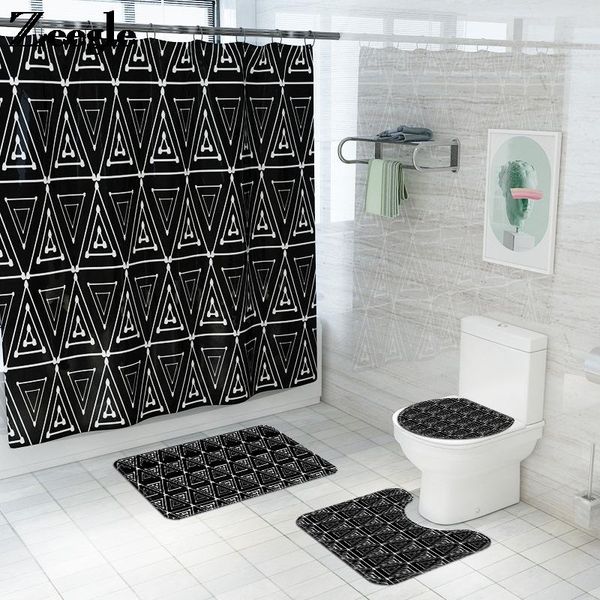 

colorful geometric pattern shower curtain and flannel bath mat set home decor toilet anti-slip u-shaped rug foot mats