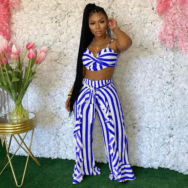 

women's two piece pants summer fashion set women striped print camisole ruffled wide-leg suit plus size, White