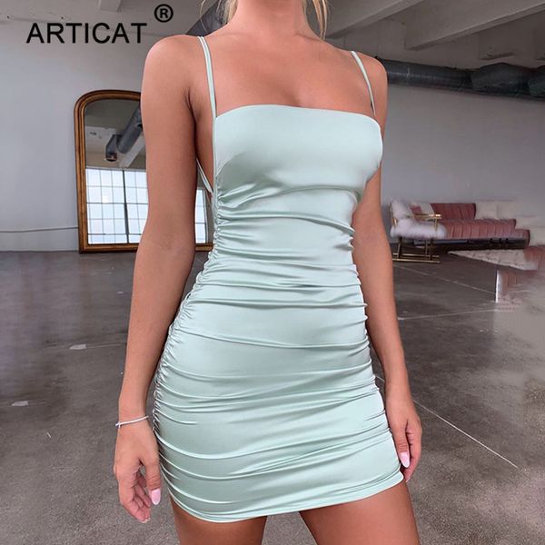 

articat spaghetti strap mini satin dress women backless cross bandage bodycon party dress pleated stretch short club dress, Black;gray