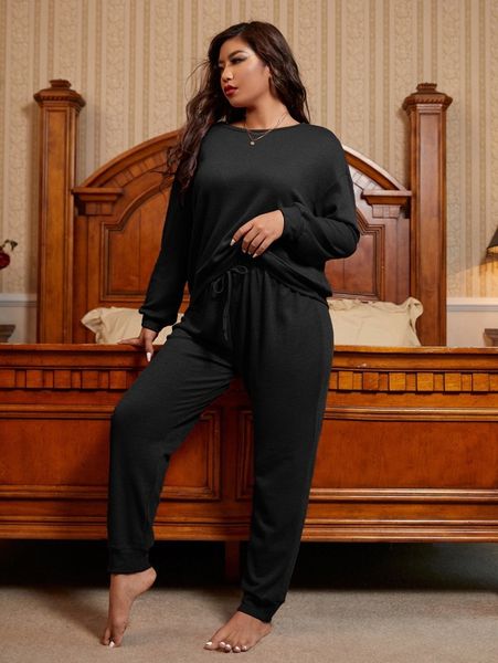 

plus waffle knit drop shoulder knot front pj set g99g#, Black;white