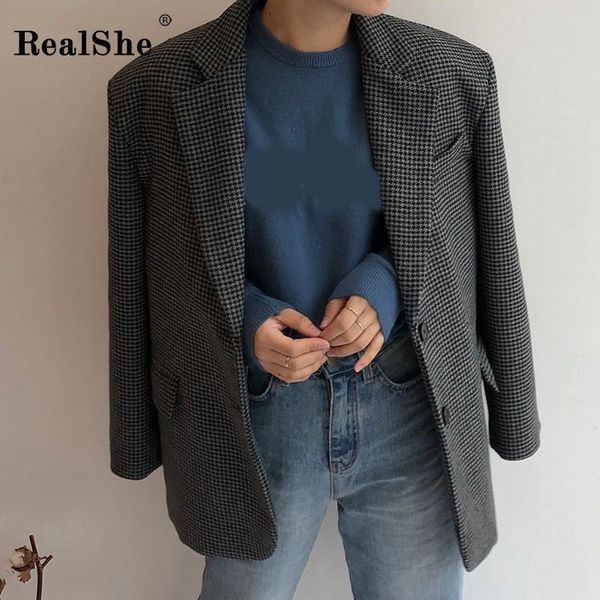 

women's suits & blazers realshe plaid ladies and jackets turn-down collar long sleeve women blazer for office spring casual jacket 2021, White;black