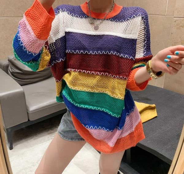 

runway womens autumn rainbow knitwear color striped long pullovers pull femme oversized loose knitting hollow out sweater women's swea, White;black