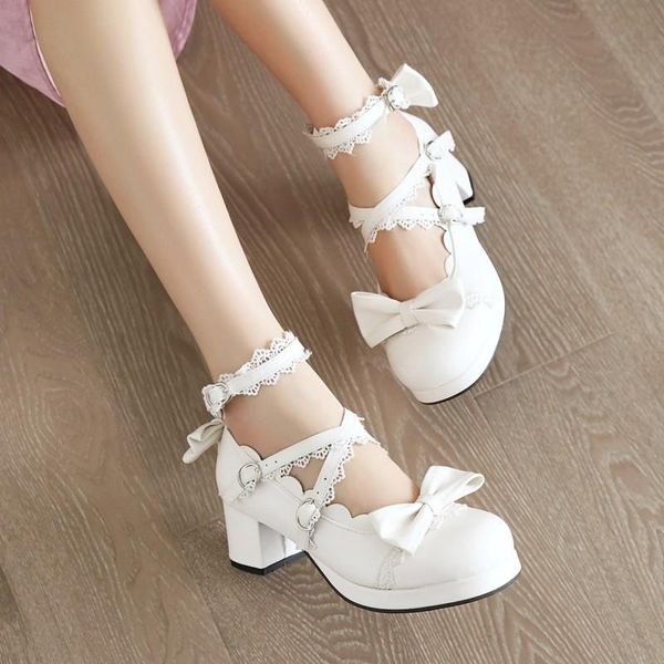 

dress shoes sweet bow middle heel chunky heels lolita women's low, Black