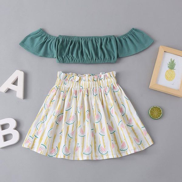 

winter children sets casual short sleeve slash neck green solid print watermalon skirts 2pcs girl clothes 18m-6t clothing, White