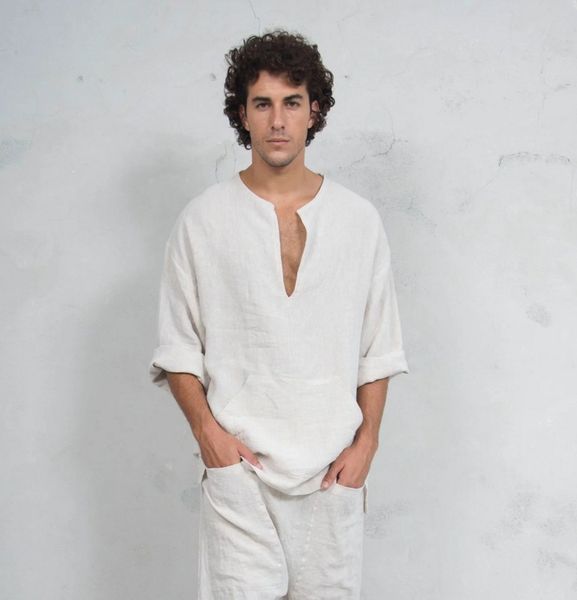 

men's shirts cotton hemp national tyle v-ne trumpet leeve looe long t-, White;black