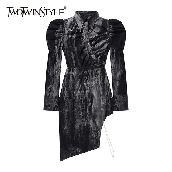 

twotwinstyle black vintage dress for female lapel puff long sleeve high waist irregular hem slim dresses female fashion 210517, Black;gray