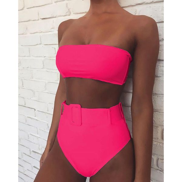 

women's swimwear pink two pieces high waist bikini 2021 bandeau women swimsuit push up bikinis bathing suits solid beach wear, White;black