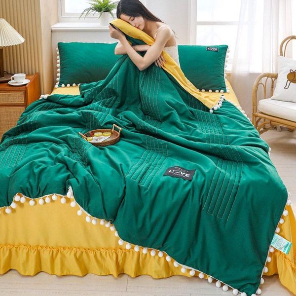 

comforters & sets multifunctional pillow blanket dual-use with little white pompons air-conditioning quilt portable folding washed cotton