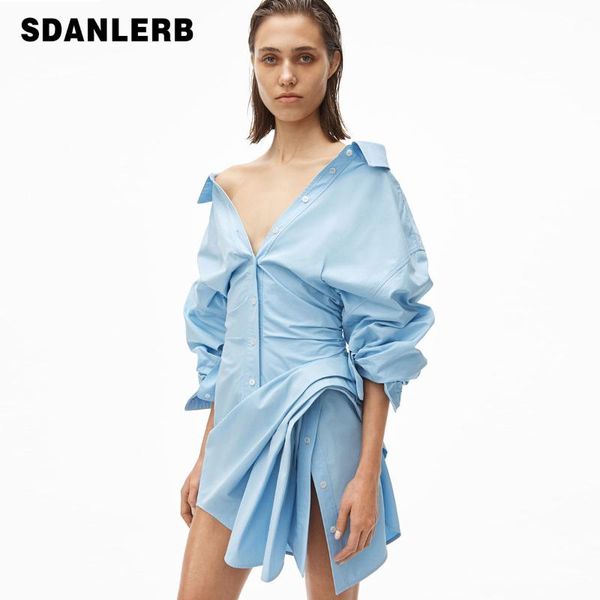 

casual dresses irregular pleated shirt dress 2021 spring summer fashion loose fitted figure flattering women solid color mid-sleeve, Black;gray
