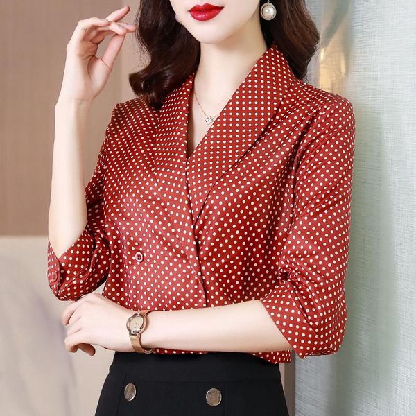 

women's blouses & shirts 2021 summer womens fashion shirt v-neck short polka dot print button ladies vintage ol chiffon women and, White