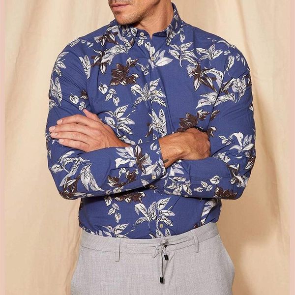 

men's casual shirts autumn turn-down collar buttoned men vintage floral printed for 2021 fashion long sleeve shirt streetwear, White;black