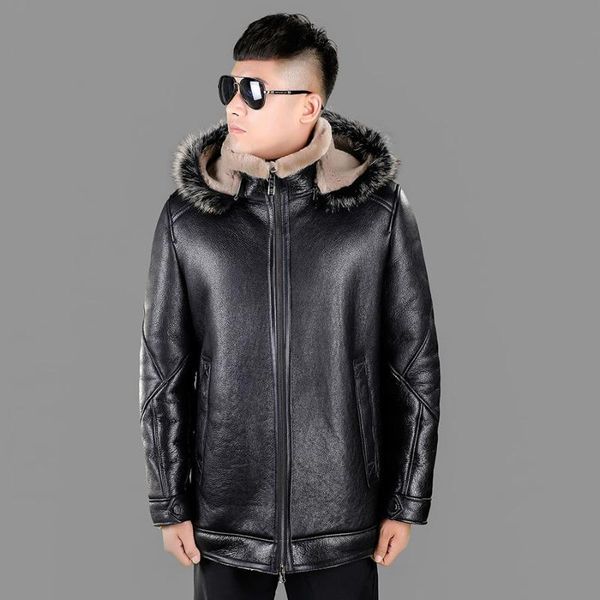 

men's leather & faux american raccoon collar original ecological high-grade sheepskin fur integrated coat medium long winter jacket, Black