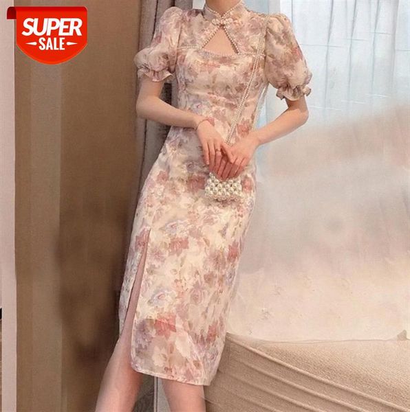 

color puff sleeve improved cheongsam-style sister dress retro temperament skirt #z31k, Black;gray