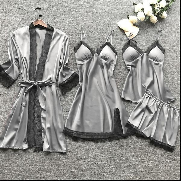 

pajamas sets satin silk women sleepwear 4 pieces nightwear pyjama spaghetti strap lace sleep pijama with chest pads, Black;red