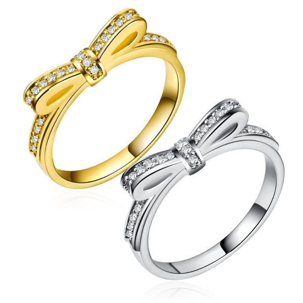 

wedding rings huitan lovely bow tie ring with tiny cubic zircon pave silver plated engagement for women size 6 7 8 9 10, Slivery;golden
